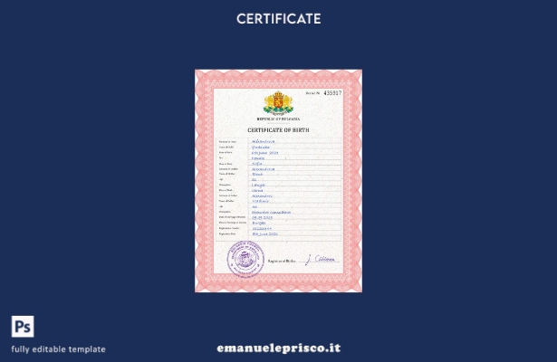 modello PSD del certificato di nascita della Bulgaria in stile verificato