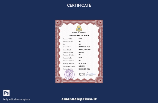 modello PSD del certificato di nascita della Cambogia in stile verificato