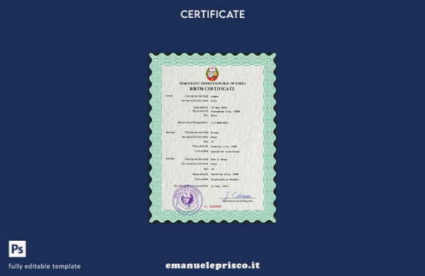 modello PSD del certificato di nascita della Corea del Nord in stile verificato