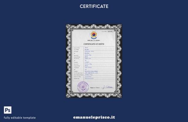 modello PSD del certificato di nascita della Corea del Sud in stile verificato