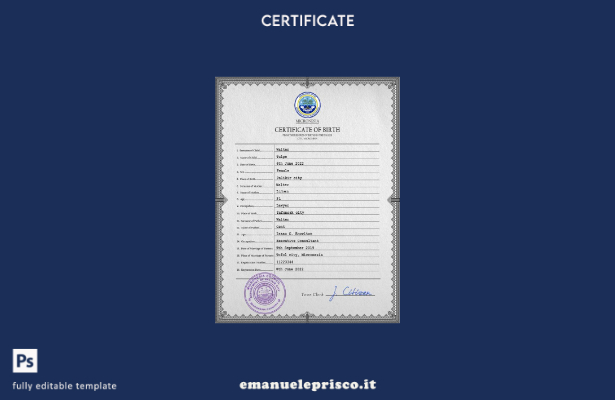 modello PSD del certificato di nascita della Micronesia in stile verificato