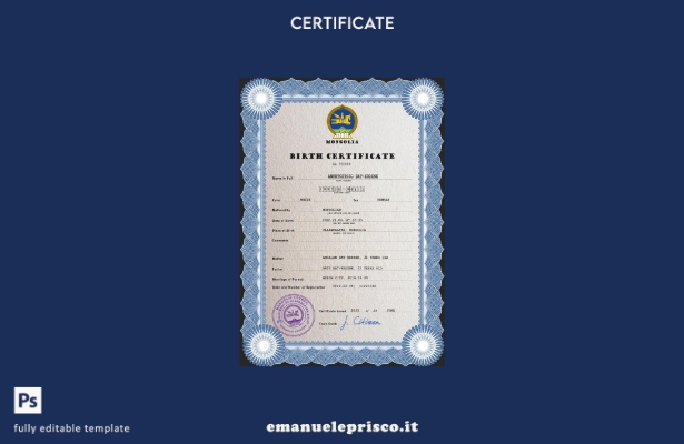 modello PSD del certificato di nascita della Mongolia in stile verificato