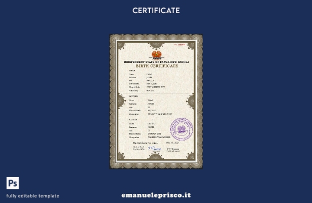 modello PSD del certificato di nascita della Papua Nuova Guinea in stile verific