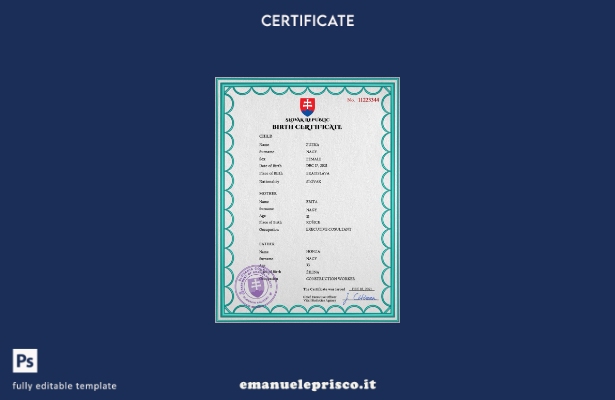 modello PSD del certificato di nascita della Slovacchia in stile verificato