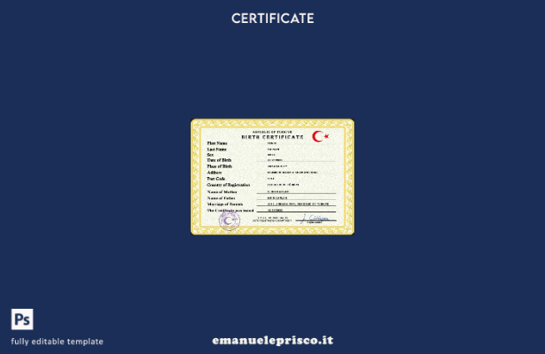 modello PSD del certificato di nascita della Turchia in stile verificato