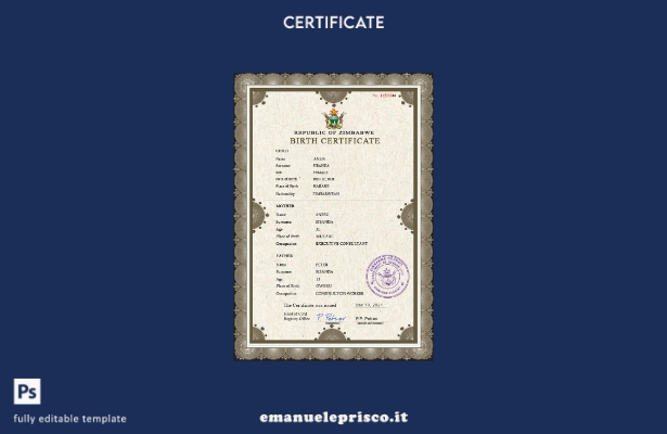 modello PSD del certificato di nascita dello Zimbabwe in stile verificato