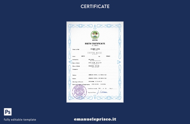 modello PSD del certificato di nascita dello stato civile del Belize in stile ve