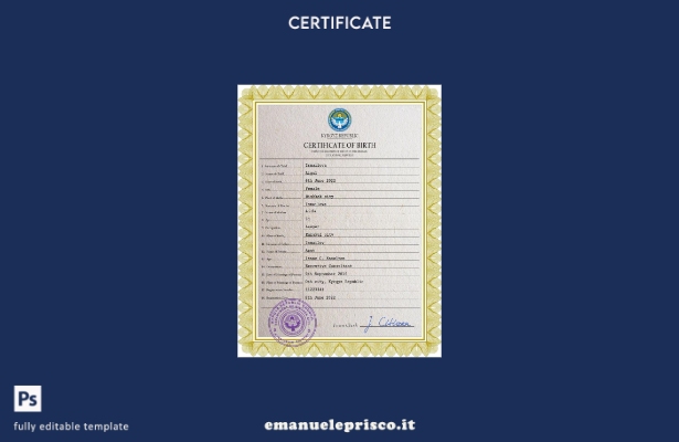 modello PSD del certificato di nascita dello stato civile del Kirghizistan in st