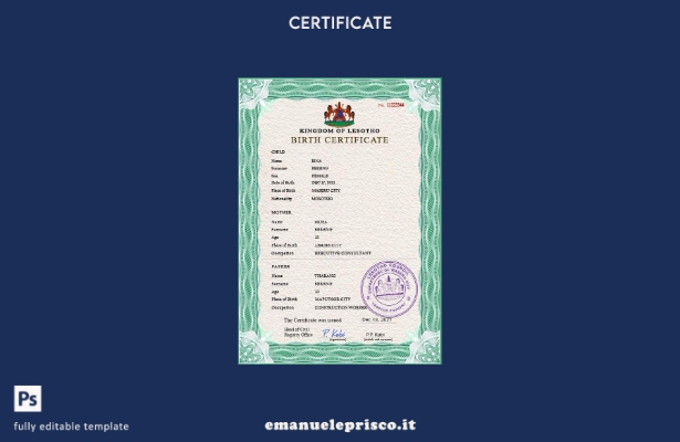 modello PSD del certificato di nascita dello stato civile del Lesotho in stile v