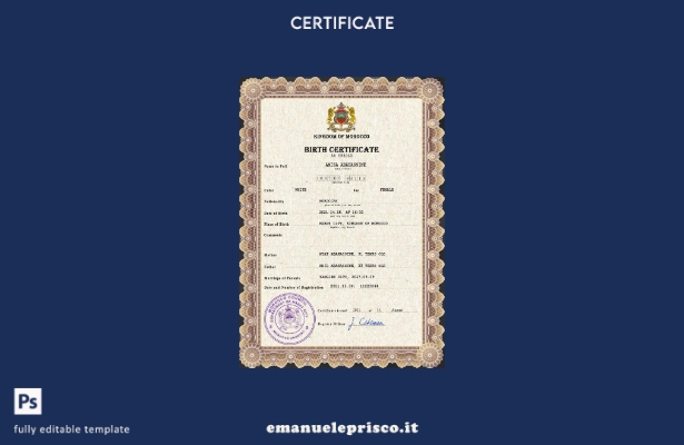 modello PSD del certificato di nascita dello stato civile del Marocco in stile v