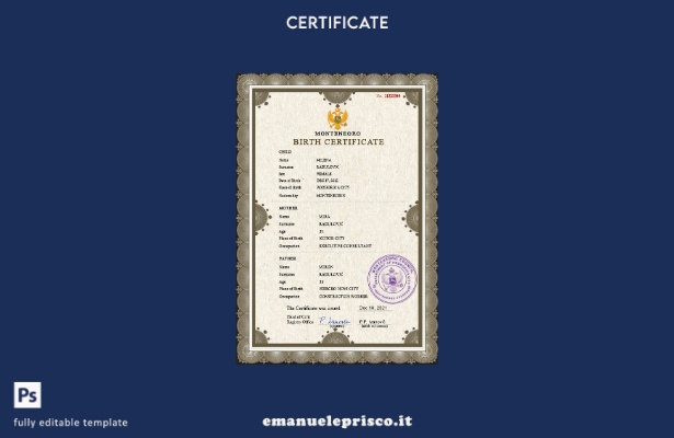 modello PSD del certificato di nascita dello stato civile del Montenegro in stil
