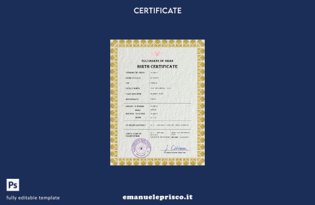 modello PSD del certificato di nascita dello stato civile dell'Oman in stile ver