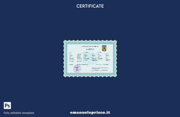 modello PSD del certificato di nascita dello stato civile della Romania in stile