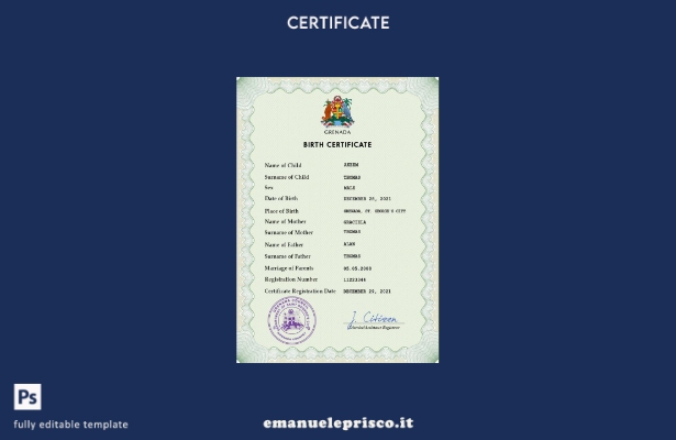 modello PSD del certificato di nascita dello stato civile di Grenada in stile ve