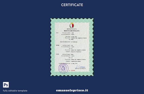 modello PSD del certificato di nascita dello stato civile di Malta in stile veri