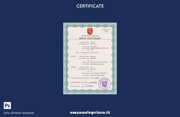 modello PSD del certificato di nascita dello stato civile finlandese in stile ve