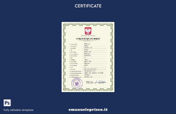 modello PSD del certificato di nascita dello stato civile polacco in stile verif