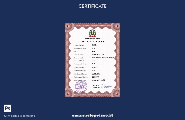 modello PSD del certificato di nascita dello stato di stato civile della Repub 1
