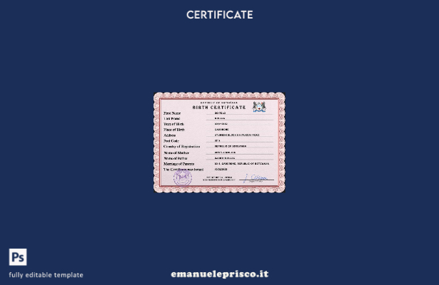modello PSD del certificato di nascita dello stato di stato del Botswana in stil