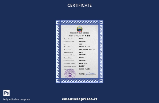 modello PSD del certificato di nascita dello stato di stato della Macedonia del