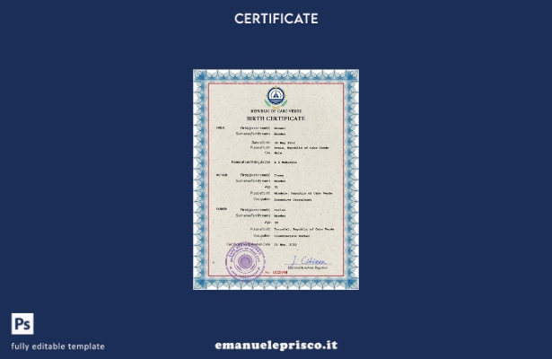 modello PSD del certificato di nascita dello stato di stato di Cabo Verde in sti