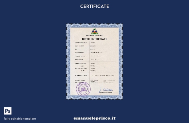 modello PSD del certificato di nascita dello stato di stato di Haiti in stile ve