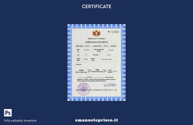 modello PSD del certificato di nascita dello stato di stato di Monaco in stile v