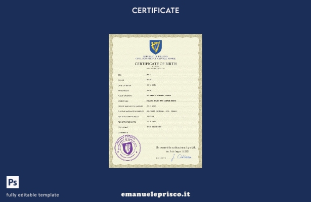 modello PSD del certificato di nascita dello stato di stato irlandese in stile v