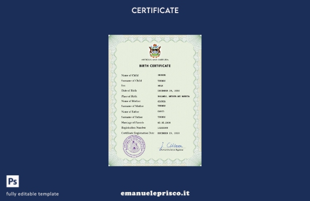 modello PSD del certificato di nascita di Antigua e Barbuda in stile verificato