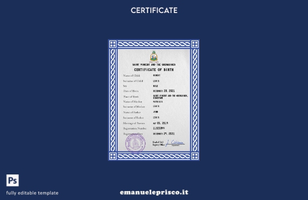 modello PSD del certificato di nascita di Saint Vincent e Grenadine in stile ver