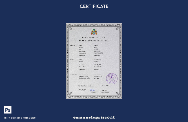 modello PSD di certificato di matrimonio Gambia in stile verificato