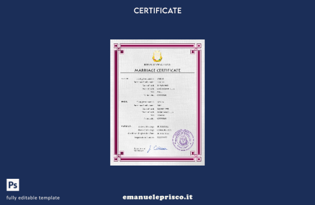 modello PSD di certificato di matrimonio Guniea in stile verificato