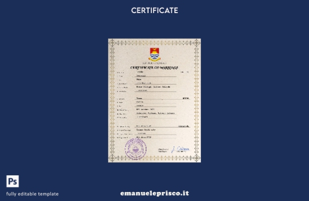 modello PSD di certificato di matrimonio Kiribati in stile verificato