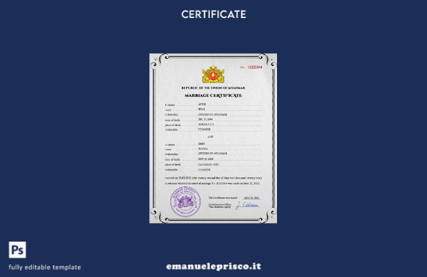 modello PSD di certificato di matrimonio Myanmar in stile verificato