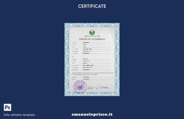 modello PSD di certificato di matrimonio Salvador in stile verificato
