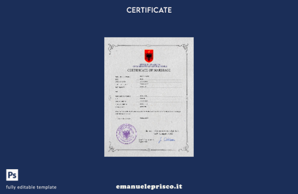 modello PSD di certificato di matrimonio albanese in stile verificato