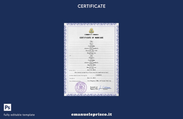 modello PSD di certificato di matrimonio cambogiano in stile verificato