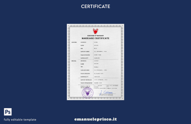 modello PSD di certificato di matrimonio del Bahrein in stile verificato, modell