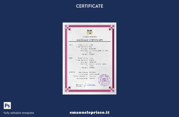 modello PSD di certificato di matrimonio del Benin in stile verificato