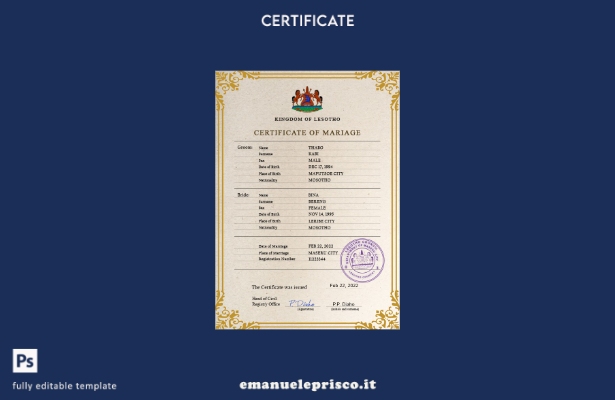 modello PSD di certificato di matrimonio del Lesotho in stile verificato