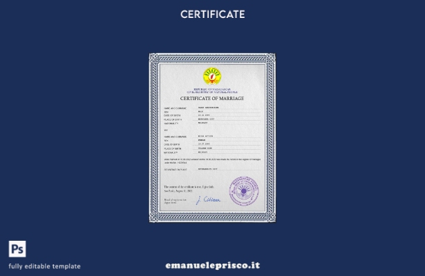 modello PSD di certificato di matrimonio del Madagascar in stile verificato