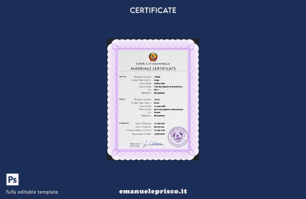 modello PSD di certificato di matrimonio del Mozambico in stile verificato