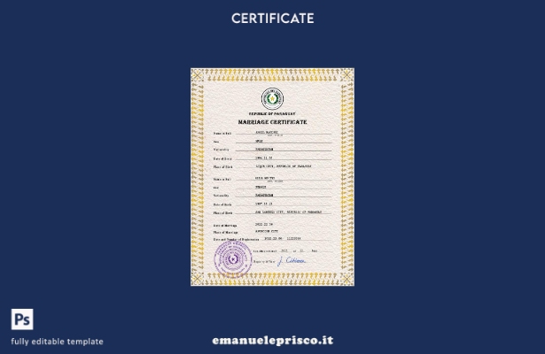 modello PSD di certificato di matrimonio del Paraguay in stile verificato