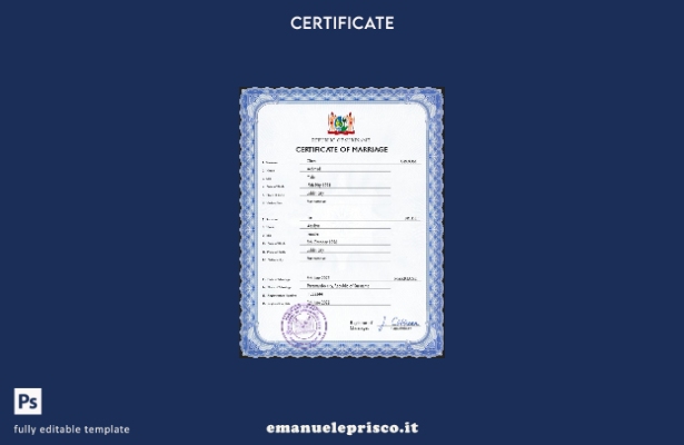 modello PSD di certificato di matrimonio del Suriname in stile verificato