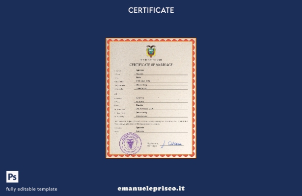 modello PSD di certificato di matrimonio dell'Ecuador in stile verificato