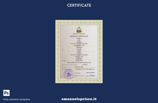 modello PSD di certificato di matrimonio dell'Honduras in stile verificato