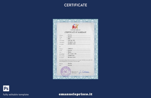 modello PSD di certificato di matrimonio dell'Irlanda del Nord in stile verifica
