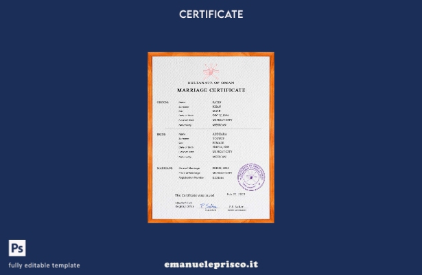 modello PSD di certificato di matrimonio dell'Oman in stile verificato