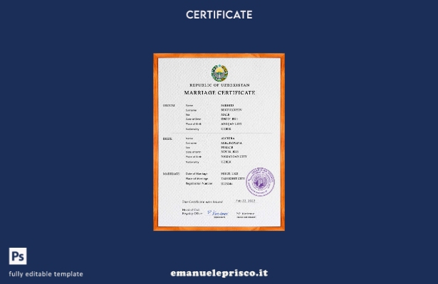 modello PSD di certificato di matrimonio dell'Uzbekistan in stile verificato