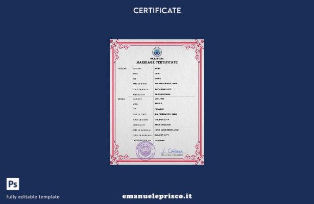modello PSD di certificato di matrimonio della Micronesia in stile verificato